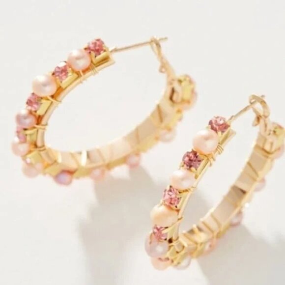 Anthropologie Pink Pearl Crystal Embellished Gold Hoop Margot Earrings - Picture 1 of 7
